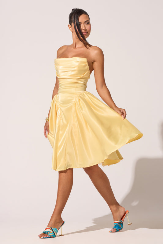 Celenor Yellow Strapless Satin Ruched Fit & Flare Mini Dress