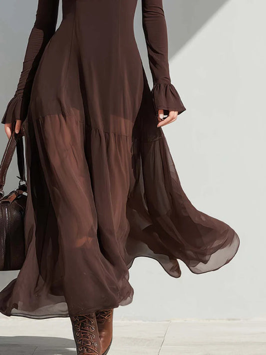 Celenor Brown Square Neck Sheer Sleeve Midi Dress
