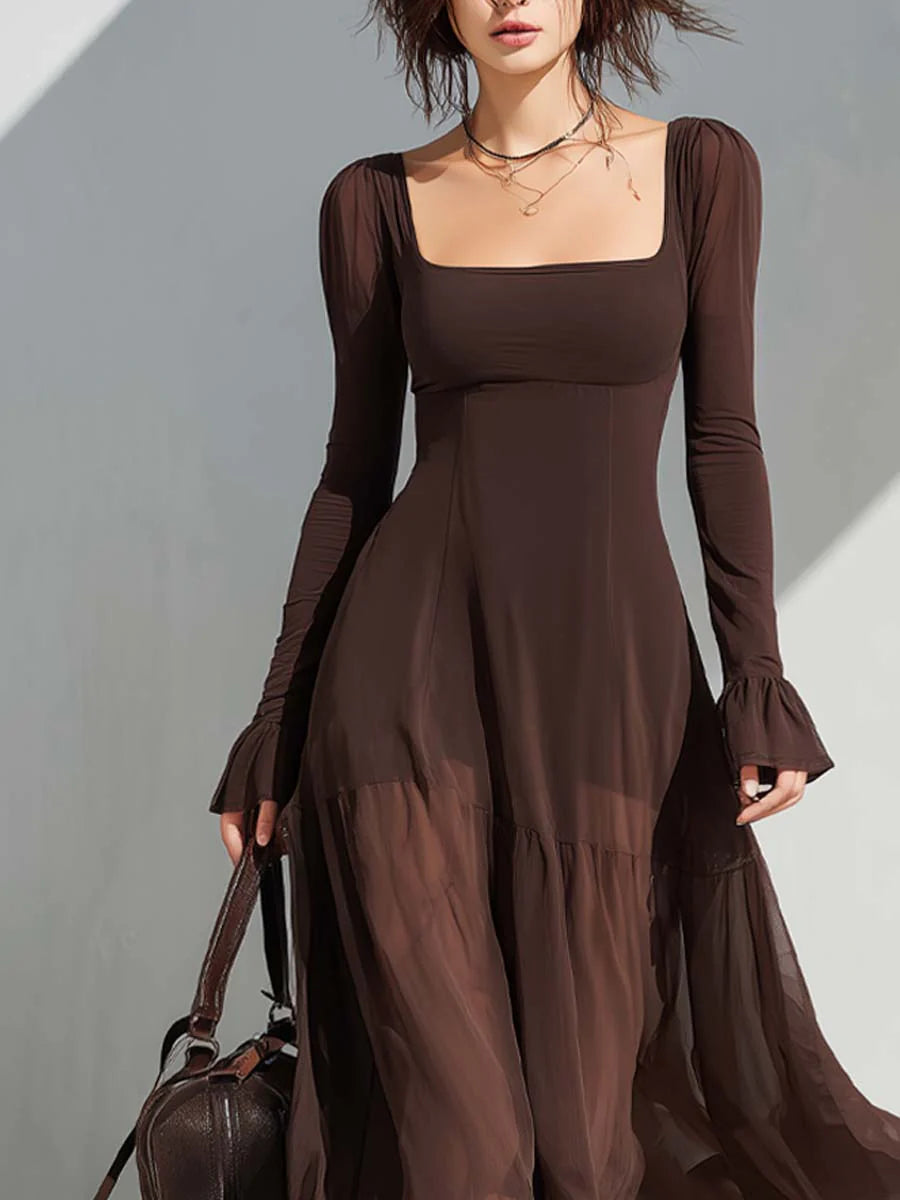 Celenor Brown Square Neck Sheer Sleeve Midi Dress