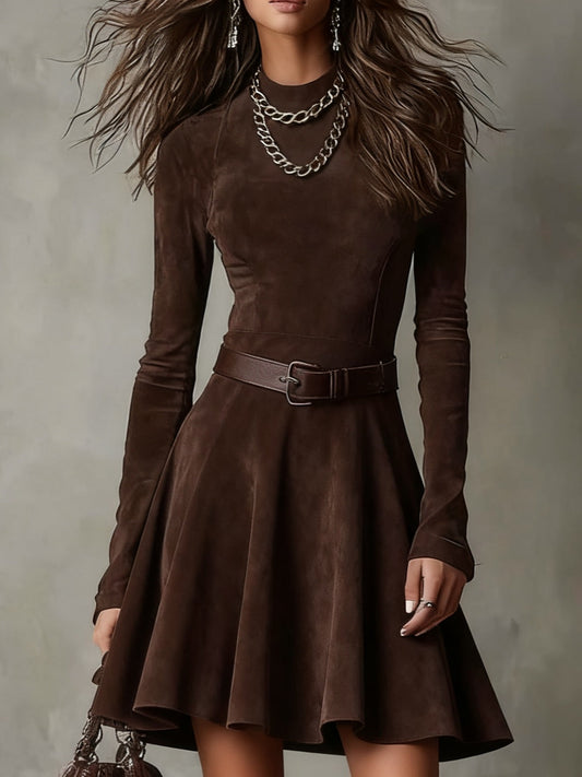 Celenor Brown Suede Mock Neck Fit-Flare Mini Dress