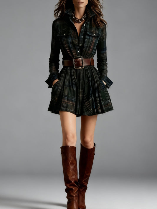 Celenor Plaid Belted Long Sleeve Collared Mini Dress