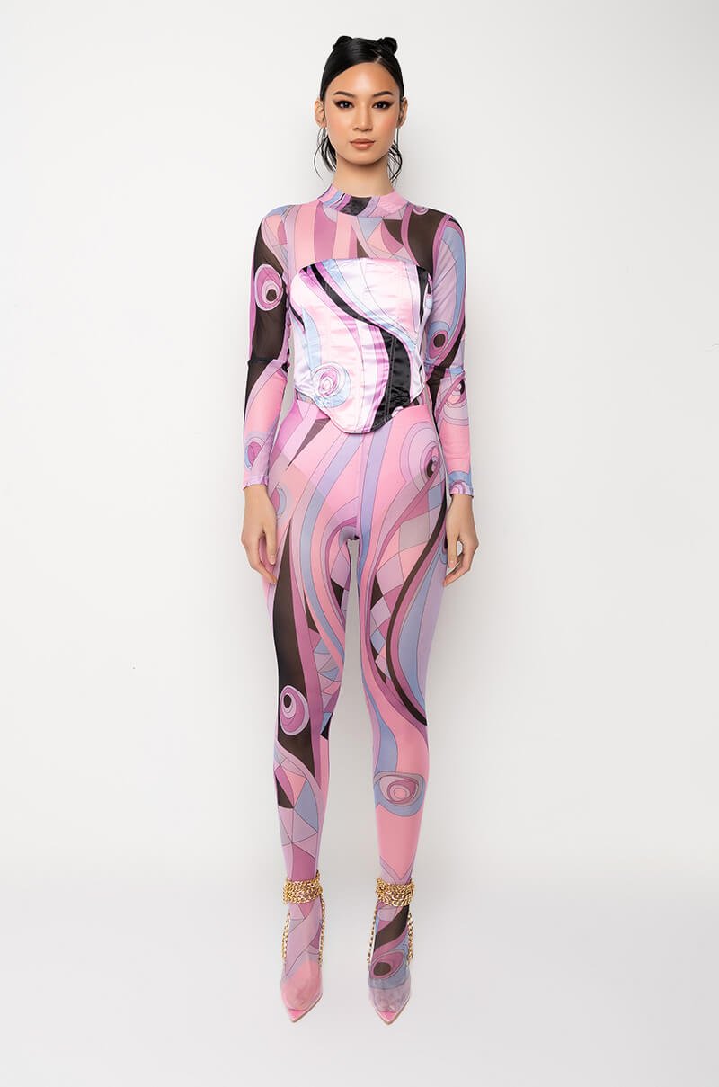Celenor Pink Abstract Print Mesh Long Sleeve Satin Corset Top