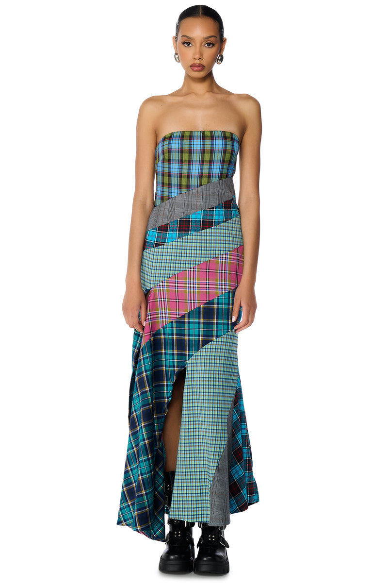 Celenor Strapless Plaid Patchwork Front Slit Maxi Dress