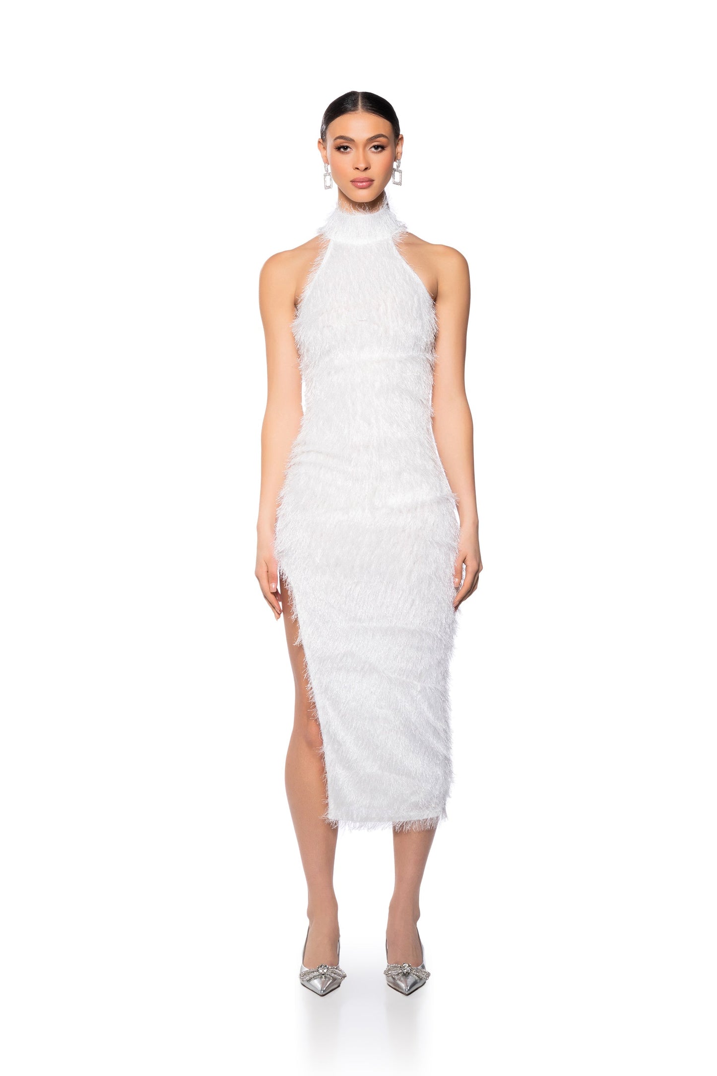 Celenor White Halter Neck Feather Trim Bodycon Slit Midi Dress