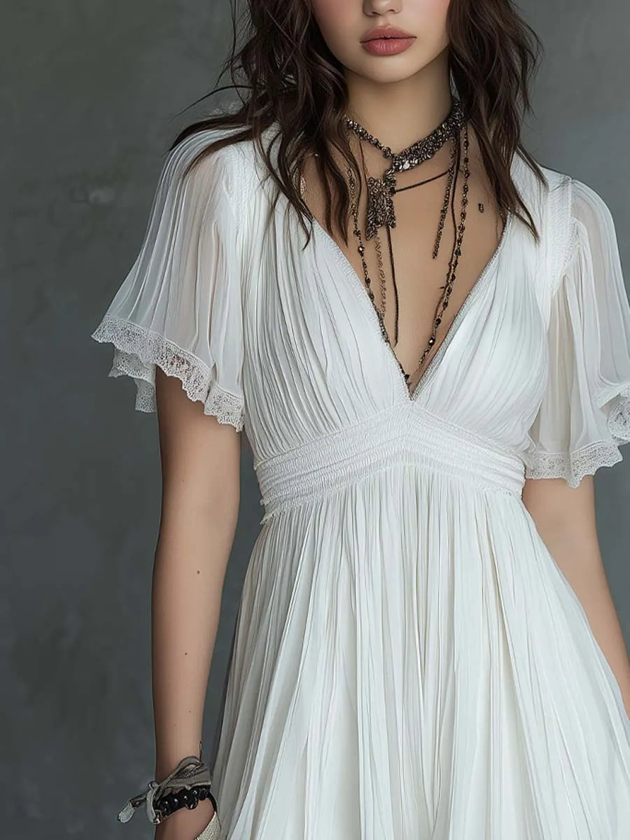Celenor White Lace-Trim V-Neck Chiffon Mini Dress