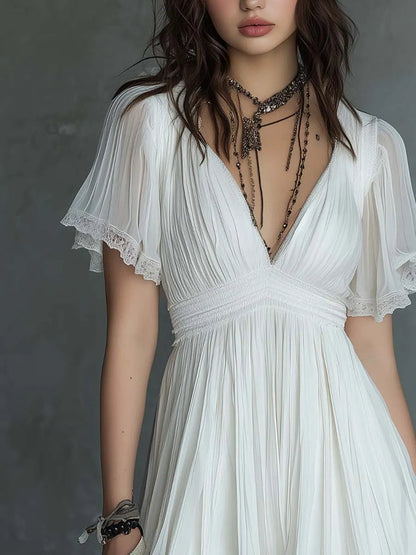 Celenor White Lace-Trim V-Neck Chiffon Mini Dress
