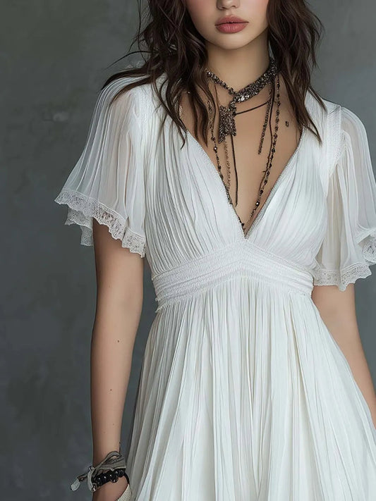 Celenor White Lace-Trim V-Neck Chiffon Mini Dress