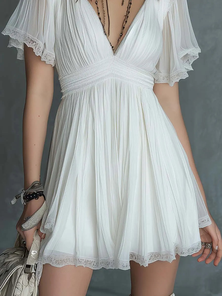 Celenor White Lace-Trim V-Neck Chiffon Mini Dress