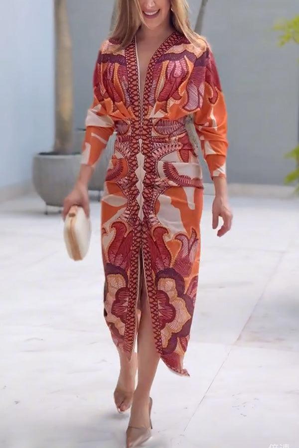 Celenor Multicolor Tribal Print Long Sleeve Midi Dress
