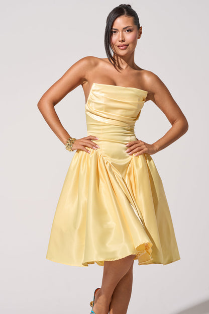 Celenor Yellow Strapless Satin Ruched Fit & Flare Mini Dress