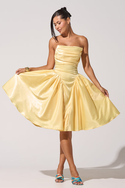 Celenor Yellow Strapless Satin Ruched Fit & Flare Mini Dress
