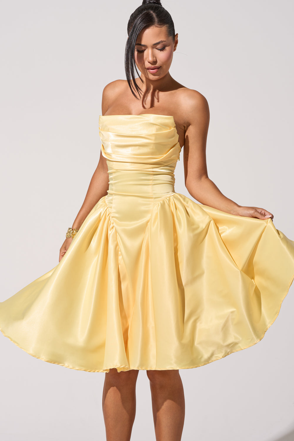 Celenor Yellow Strapless Satin Ruched Fit & Flare Mini Dress