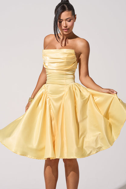 Celenor Yellow Strapless Satin Ruched Fit & Flare Mini Dress