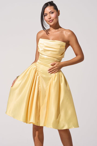 Celenor Yellow Strapless Satin Ruched Fit & Flare Mini Dress