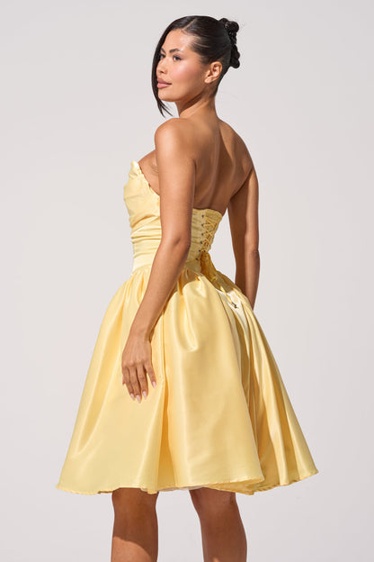 Celenor Yellow Strapless Satin Ruched Fit & Flare Mini Dress