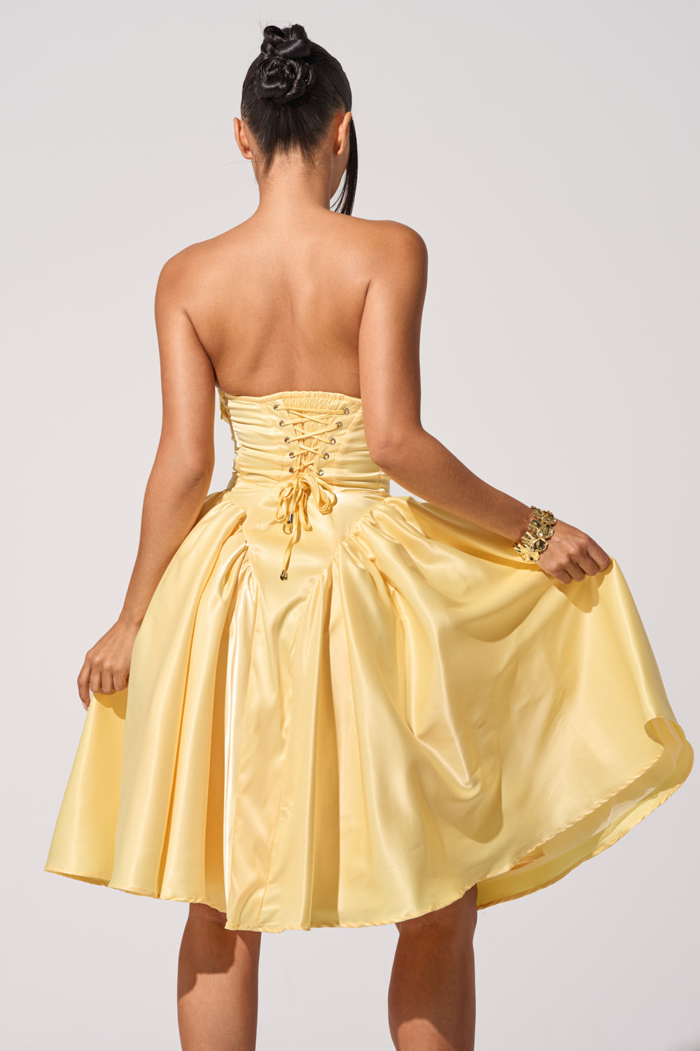 Celenor Yellow Strapless Satin Ruched Fit & Flare Mini Dress