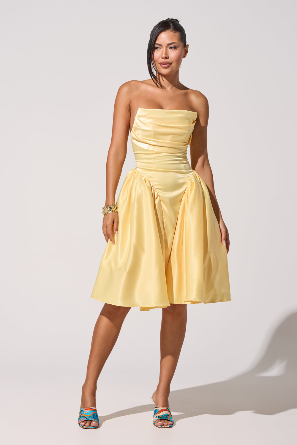 Celenor Yellow Strapless Satin Ruched Fit & Flare Mini Dress