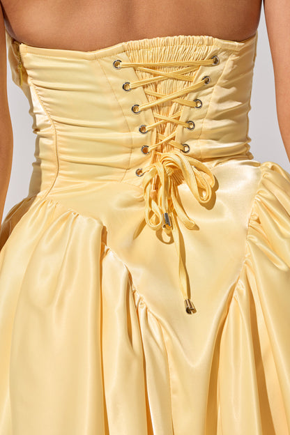 Celenor Yellow Strapless Satin Ruched Fit & Flare Mini Dress