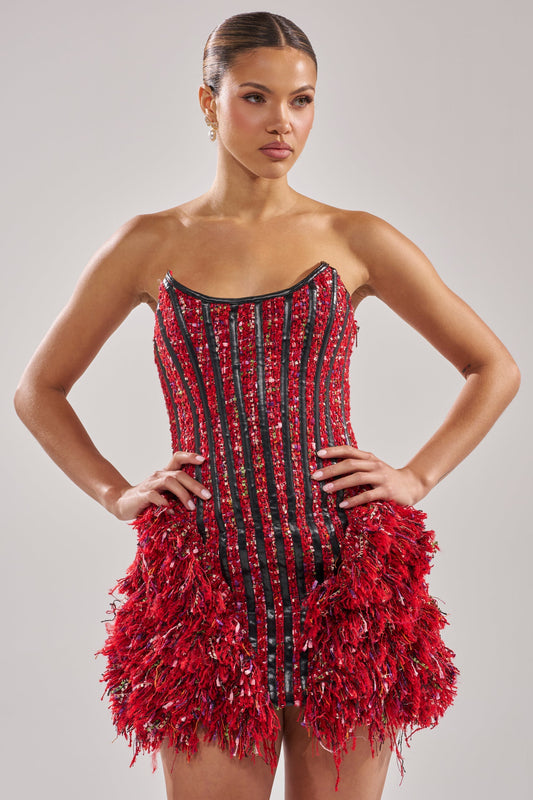 Celenor Red Strapless Tweed Corset Fringe Skirt Mini Dress