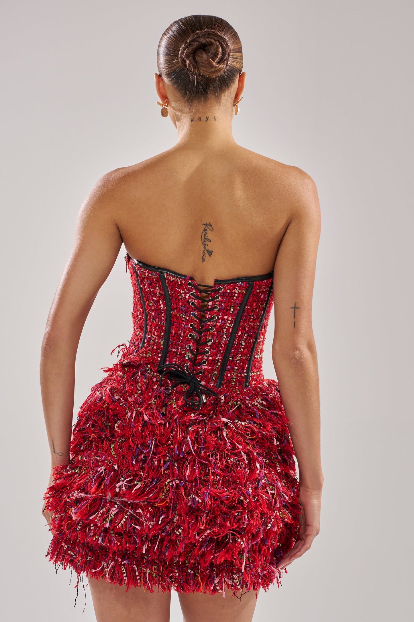Celenor Red Strapless Tweed Corset Fringe Skirt Mini Dress