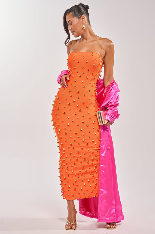 Celenor Orange Strapless Gold Studded Bodycon Midi Dress