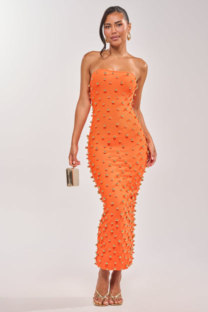Celenor Orange Strapless Gold Studded Bodycon Midi Dress
