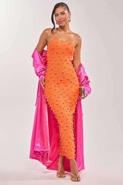 Celenor Orange Strapless Gold Studded Bodycon Midi Dress