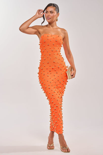 Celenor Orange Strapless Gold Studded Bodycon Midi Dress