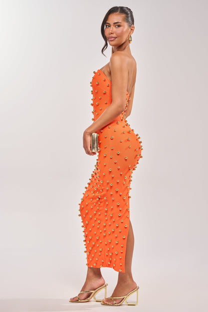Celenor Orange Strapless Gold Studded Bodycon Midi Dress