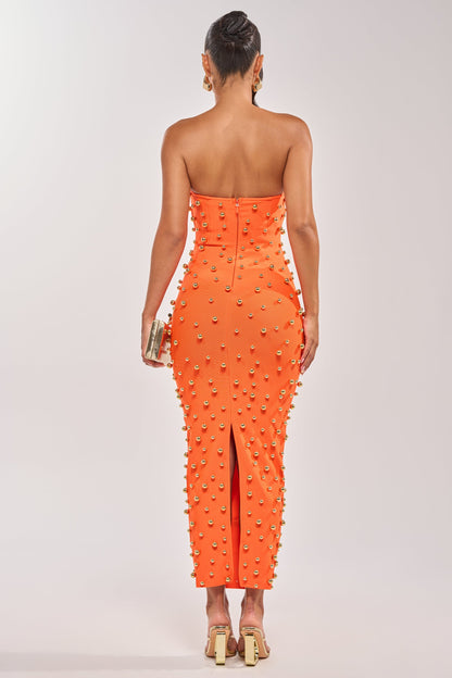 Celenor Orange Strapless Gold Studded Bodycon Midi Dress