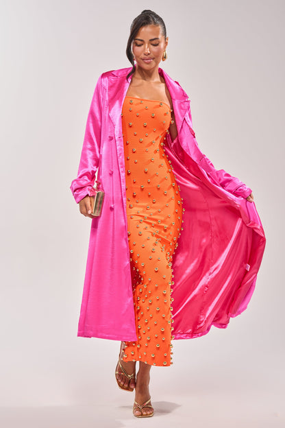 Celenor Orange Strapless Gold Studded Bodycon Midi Dress