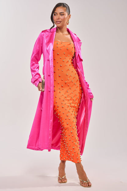 Celenor Orange Strapless Gold Studded Bodycon Midi Dress