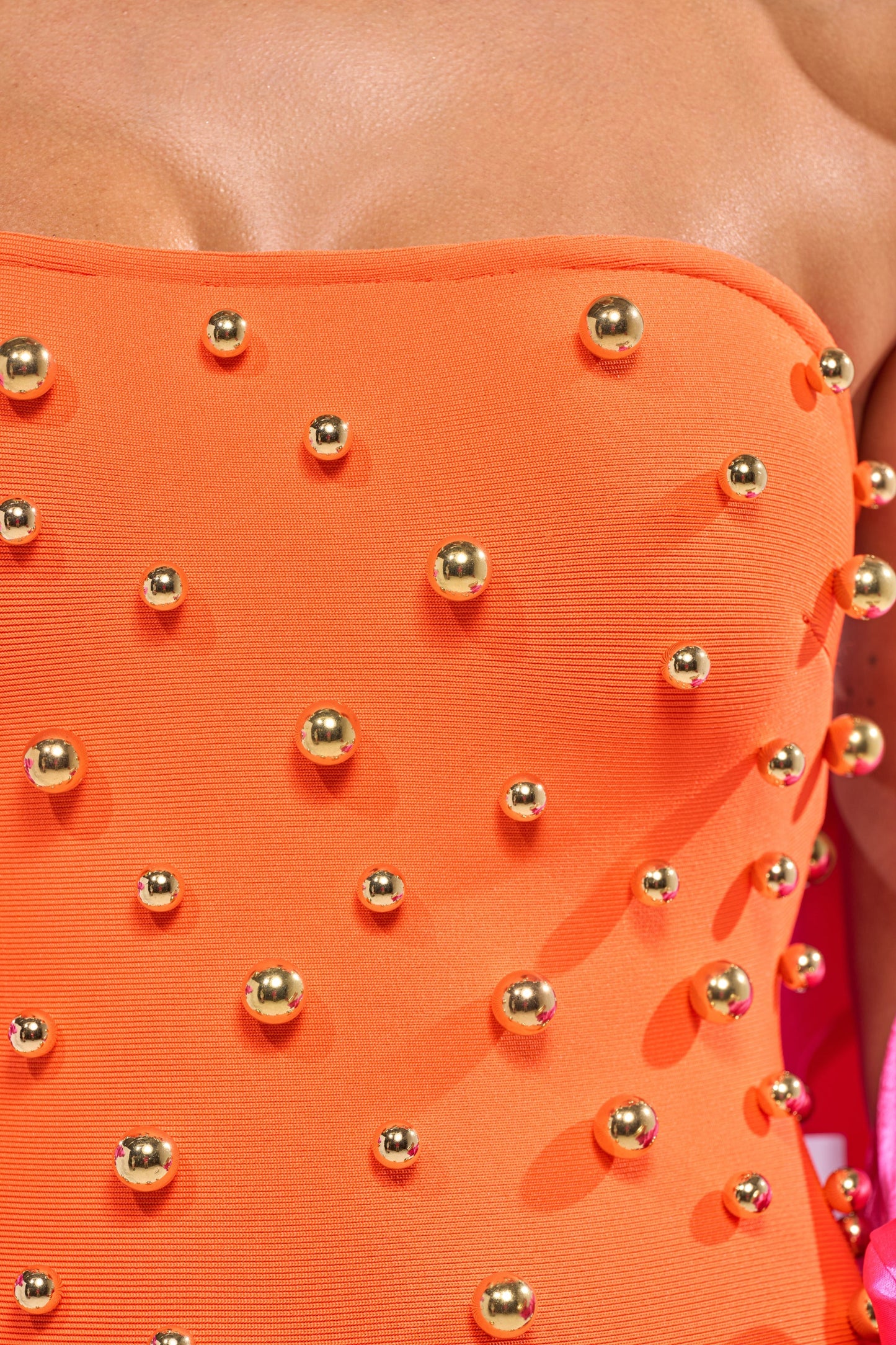 Celenor Orange Strapless Gold Studded Bodycon Midi Dress