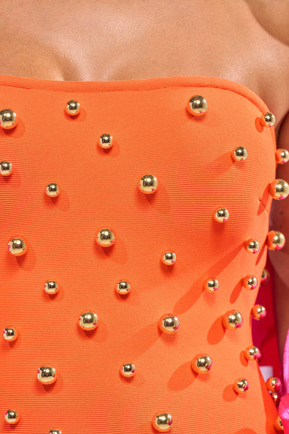 Celenor Orange Strapless Gold Studded Bodycon Midi Dress