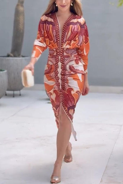Celenor Multicolor Tribal Print Long Sleeve Midi Dress