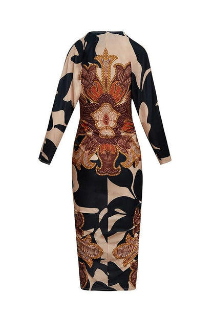 Celenor Multicolor Tribal Print Long Sleeve Midi Dress
