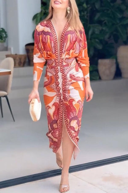 Celenor Multicolor Tribal Print Long Sleeve Midi Dress