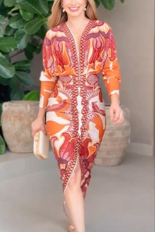 Celenor Multicolor Tribal Print Long Sleeve Midi Dress