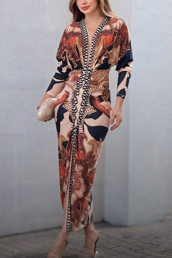 Celenor Multicolor Tribal Print Long Sleeve Midi Dress