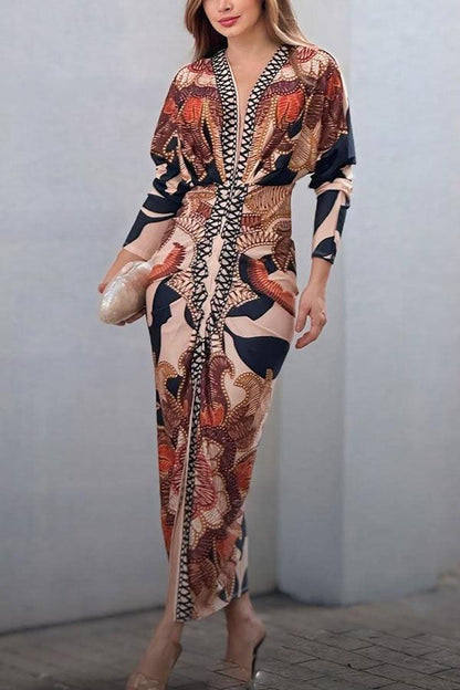 Celenor Multicolor Tribal Print Long Sleeve Midi Dress
