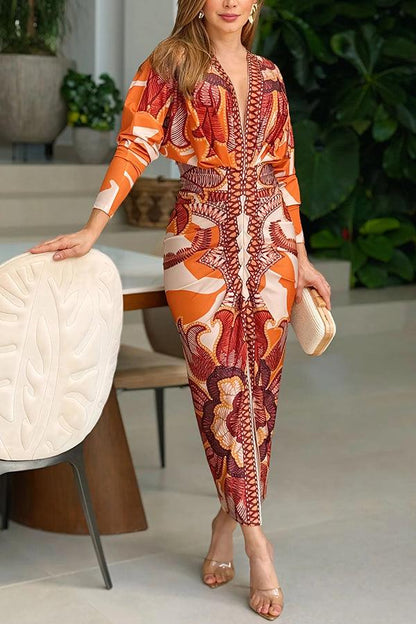 Celenor Multicolor Tribal Print Long Sleeve Midi Dress