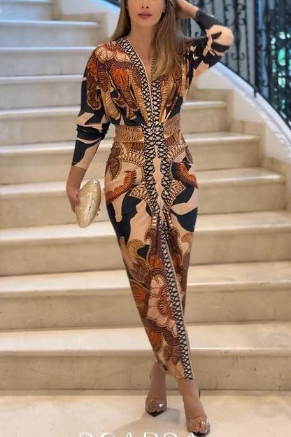 Celenor Multicolor Tribal Print Long Sleeve Midi Dress