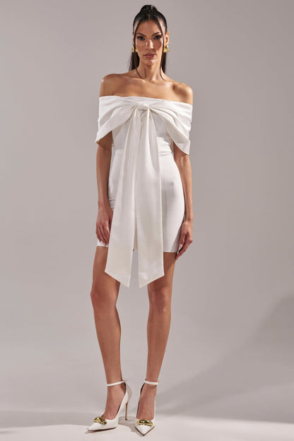 Celenor White Off-Shoulder Satin Bow Front Bodycon Mini Dress