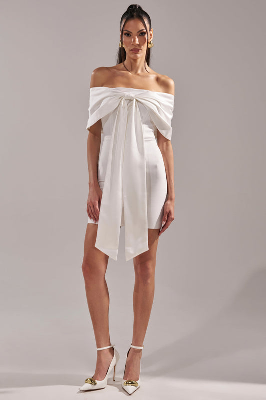 Celenor White Off-Shoulder Satin Bow Front Bodycon Mini Dress