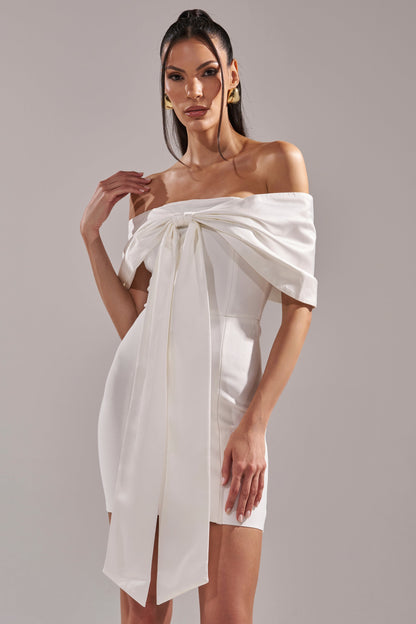 Celenor White Off-Shoulder Satin Bow Front Bodycon Mini Dress