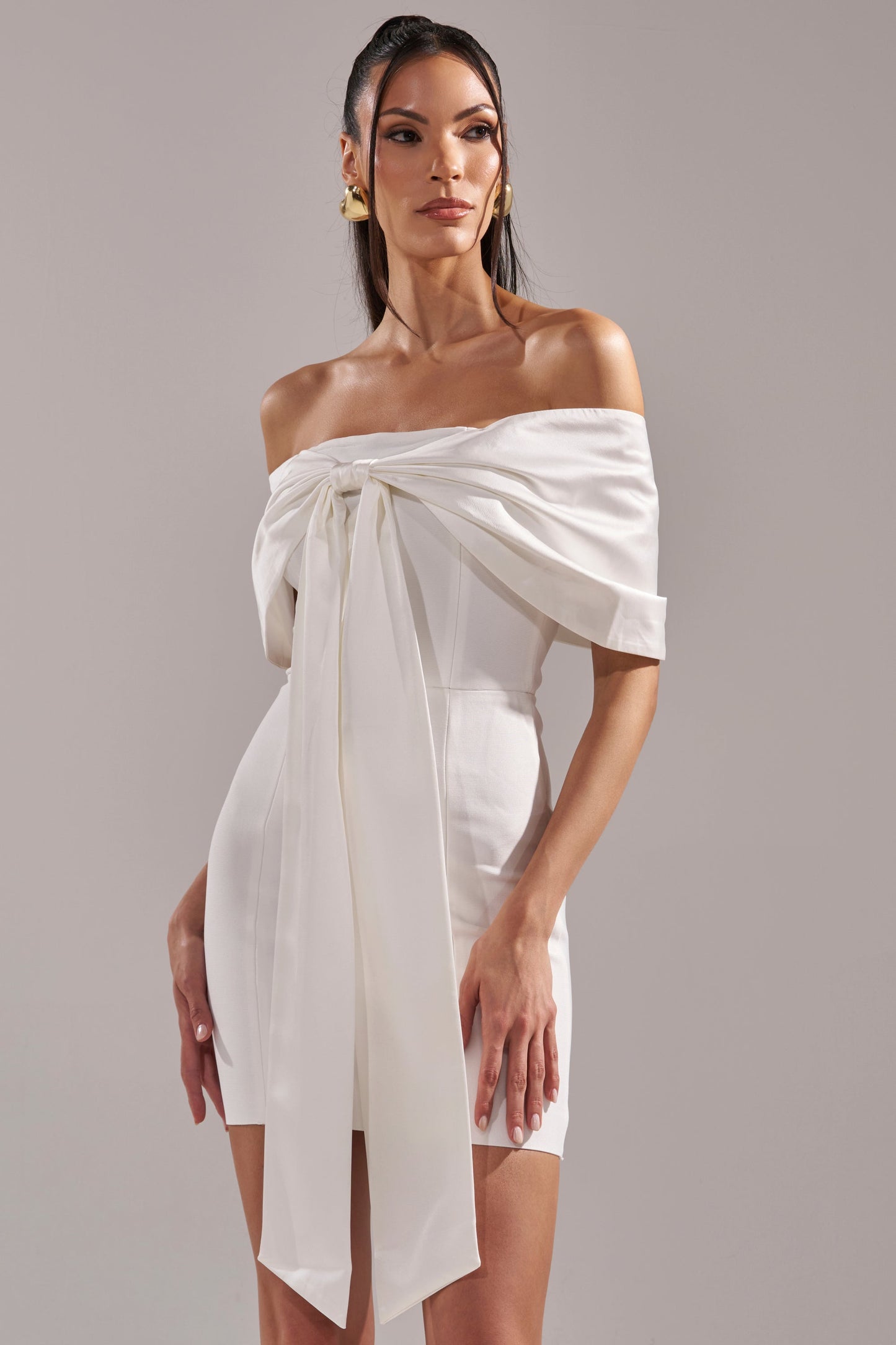 Celenor White Off-Shoulder Satin Bow Front Bodycon Mini Dress