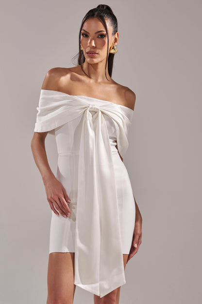 Celenor White Off-Shoulder Satin Bow Front Bodycon Mini Dress