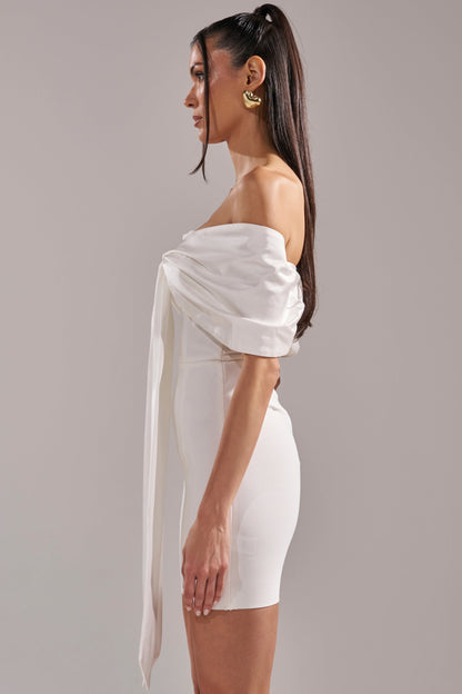 Celenor White Off-Shoulder Satin Bow Front Bodycon Mini Dress