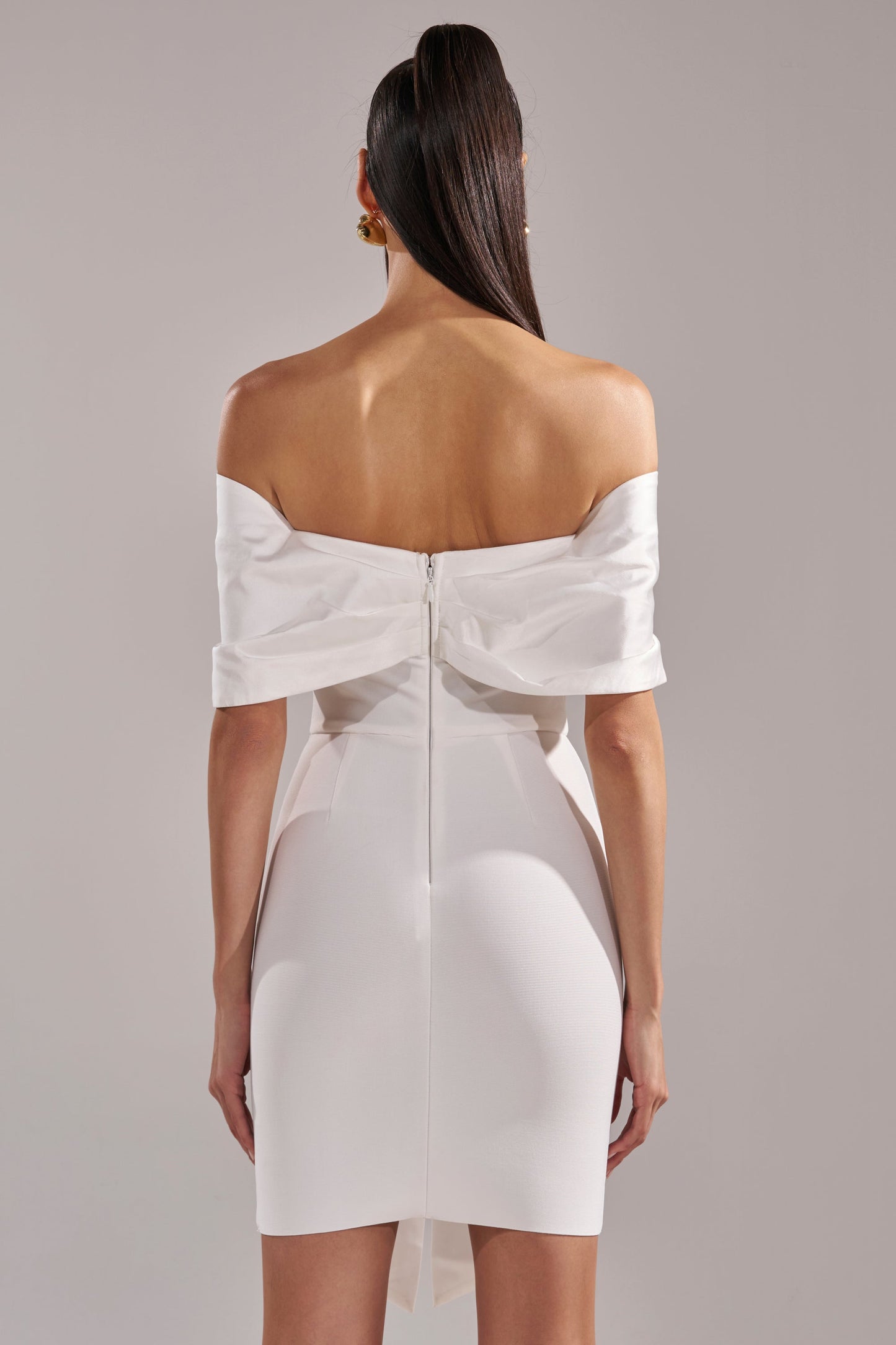 Celenor White Off-Shoulder Satin Bow Front Bodycon Mini Dress