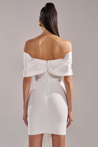 Celenor White Off-Shoulder Satin Bow Front Bodycon Mini Dress
